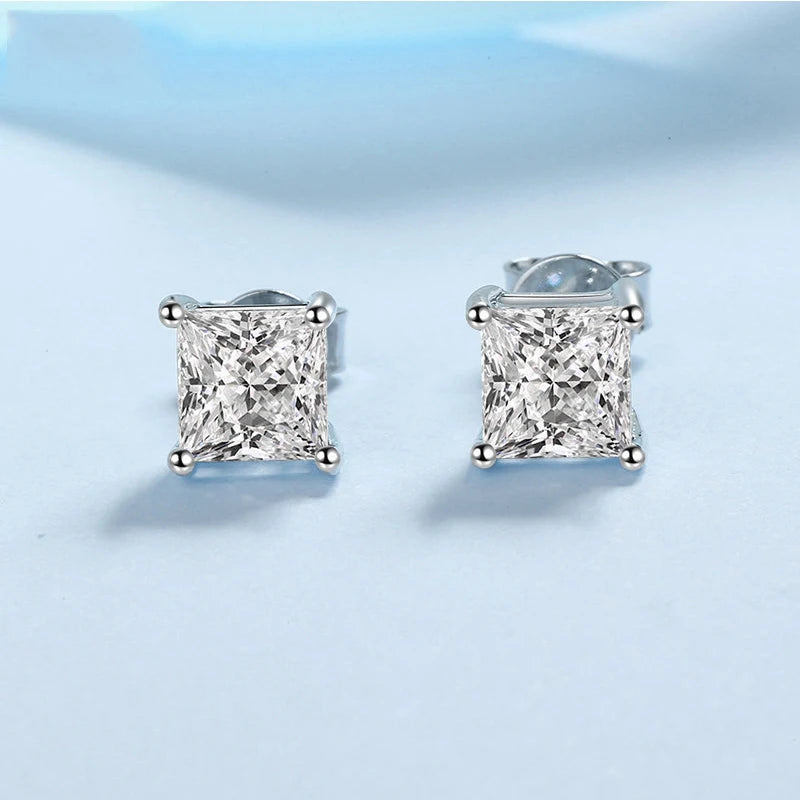 Princess Cut 2CT Diamond Test Passed Moissanite Rhodium Plated 925 Silver D Color Moissanite Stud Earrings Jewelry Couple Gift